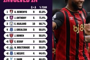 塞梅尼奥本赛季参与9球,占伯恩茅斯总进球数81.8%为英超最高